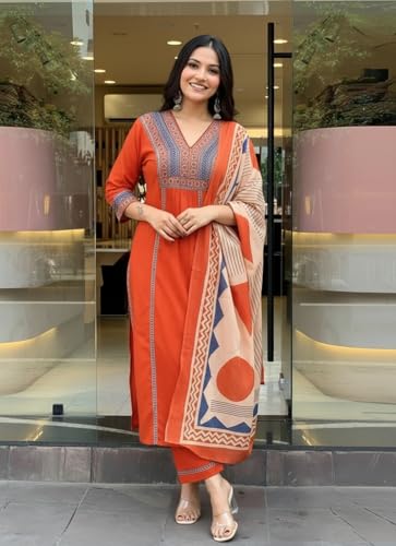 Image of ANNI Designer Women's Rayon Viscose Straight Printed Kurta with Pant & Dupatta Set | Ethnic 3-Piece Readymade Suit for Women | Elegant Festive & Office Wear Traditional Outfit