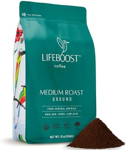 Lifeboost Coffee Ground Medium Roast Coffee - Low Acid Single Origin USDA Organic Coffee - Non-GMO Ground Coffee Third Party Tested For Mycotoxins & Pesticides - 12 Ounces