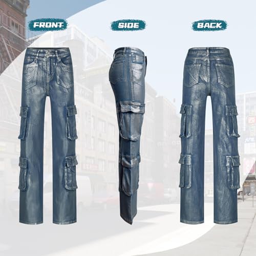 Jeans for Women Fashion Silver Hot Stamping Craft High Rise Jean Stretchy Denim Pants Work Pants with Multi Pocket3