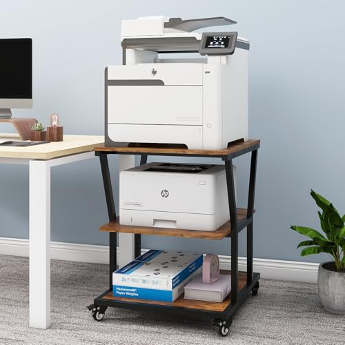 Natwind 3 Tier Large Printer Stand, 23.6''x23.6''x29.5'' Heavy Duty Printer Table, Copier Stand with Wheels and Paper Storage Shelf for Home Office (Retro)