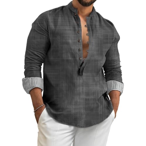 Mens Long Sleeve Tops Unique Artistic Print Button Down Stand