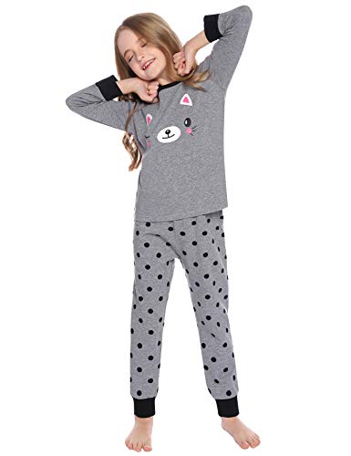 Hawiton Algodón Conjunto de Pijamas para niños niñas Invierno de Manga Larga Gato de patteren Dot Ropa de Dormir de Fondo Redondo,4-13 años