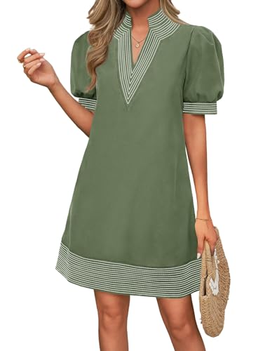 Wenrine Womens Summer V Neck Puff Short Sleeve Boho Mini Shift Dresses
