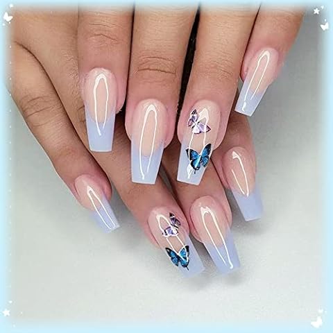 Blingi 24pcs Luxury Butterfly Blue Ballerina French Extra Long Coffin Glossy Acrylic Fake Nails Square Press on Nails with Glue Sticker False Tips Nails Art Manicure for Women and Girls (Blue Butterfly) Cover