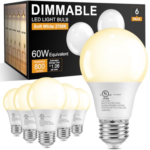TJOY A19 Dimmable LED Light Bulbs E26 Led Bulbs 60 Watt Equivalent Warm Soft White 2700K 800 Lumens Standard Base Energy Saving Lightbulbs Efficient 9W 120V 15 000 Hour Lifetime 6 Pack