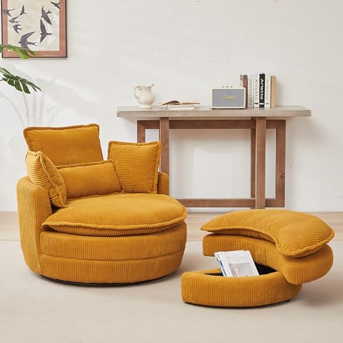 Olodumare 38\" Swivel Barrel Chair with Moon Storage Ottoman for Living Room, Modern Accent Round Swivel Chair for Bedroom, Cuddle Chair Lounger Armchair with Corduroy Fabric,4 Pillows, Yellow