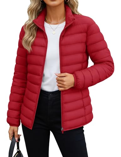 MAGCOMSEN Quilted Puffer Jacket for Women Long Sleeve Lightweight Winter Short Zip-up Coat Stand-Collar Jacket, Tomato Red M