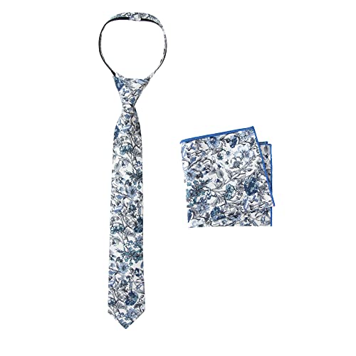 Spring Notion Boys' Cotton Floral Print Zipper Necktie and Pocket Square Set, 54-Steel Blue Medium