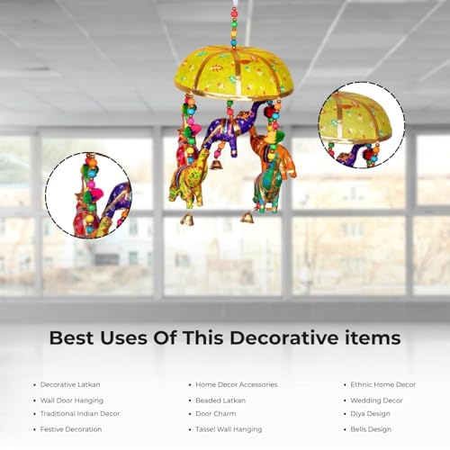 Image of Rajasthani Multicolor Elephants Jhoomer with Bell - Decorative Wind Chimes for Door & Wall Hanging, Ideal Home Decor & Gift Showpiece (Yellow)