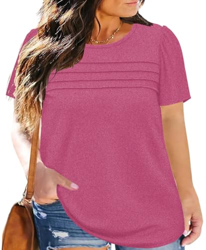 Womens Plus Size Tops Puff Sleeve Summer Shirt Pleated Front Dressy Tee Casual Crewneck Tunic Tops 1XL - 5XL