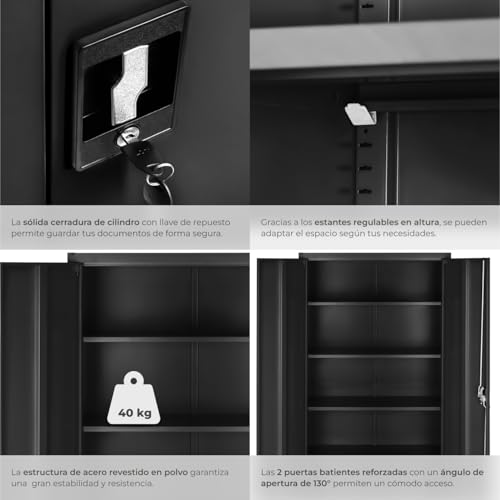 tectake® Armario Archivador Oficina en Acero, Armario Exterior e Interior con Cerradura, Armario Multiusos con 2 Puertas, 4 Estantes Ajustables y 5 Alturas, Fácil Montaje, 180x80x40 cm - Negro/Negro - imagen 7