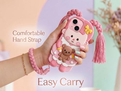 Image of amazon basics Cute 3D Pink Doll Silicone Mobile Case for iPhone 15 - Aesthetic Cartoon Girl with Braided Tassels & Teddy Bear, Soft Shockproof Protective Back Cover for Girls & Kids