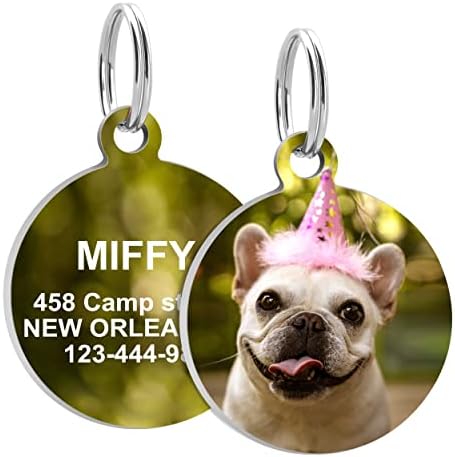 KINYABLUE Stainless Steel Dog Tags Engraved for Pets, Round ID Tag for Dogs with Personalized Picture Printed, Custom Cat Dog Name Tag for Pet Birthday Memorial Gifts, Medium Size