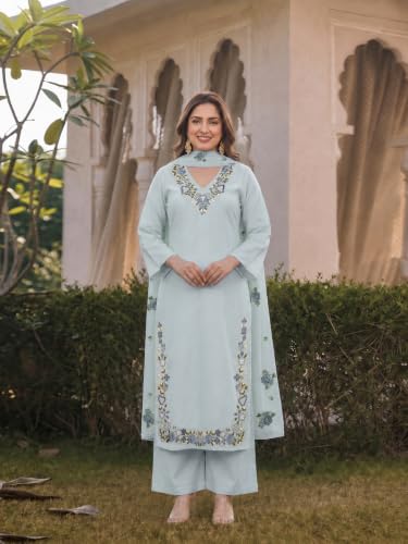 Image of ANNI Designer Kurta Sets for Women Viscose Blend Embroidered | Kurta Palazzo Dupatta Set | Designer Kurti Set for Women | V Neck Full Sleeve Ethnic Suit | Indian Kurta Outfit with Palazzo Pants