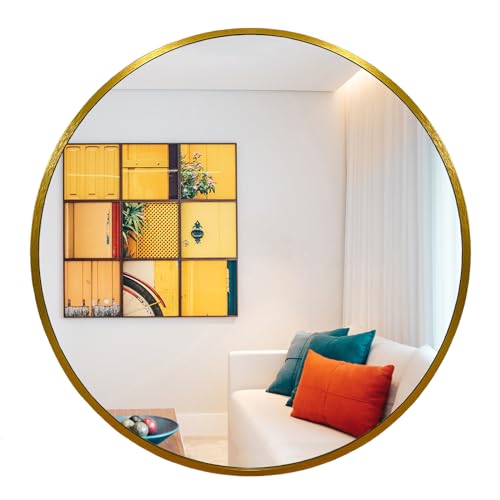 Oruii Gold Round Mirror 28 inch, Large Golden Circle Mirror Metal Frame, Large Brass Circular Mirrors for Living Room, Dining Room, Entryway, Hallway, Foyer, Bathroom, Wall