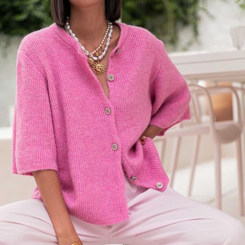 Image of Women Knitted Crop Cardigan Blouse Short Sleeve Button Down Sweater Shirt Y2k Open Front Cardigan Top Streetwear
