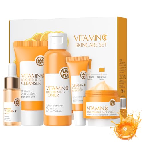 XTJXTJ Vitamin C Skincare Set, Complete Face Care Kit with Cleanser, Toner, Serum, Eye Cream and Face Cream