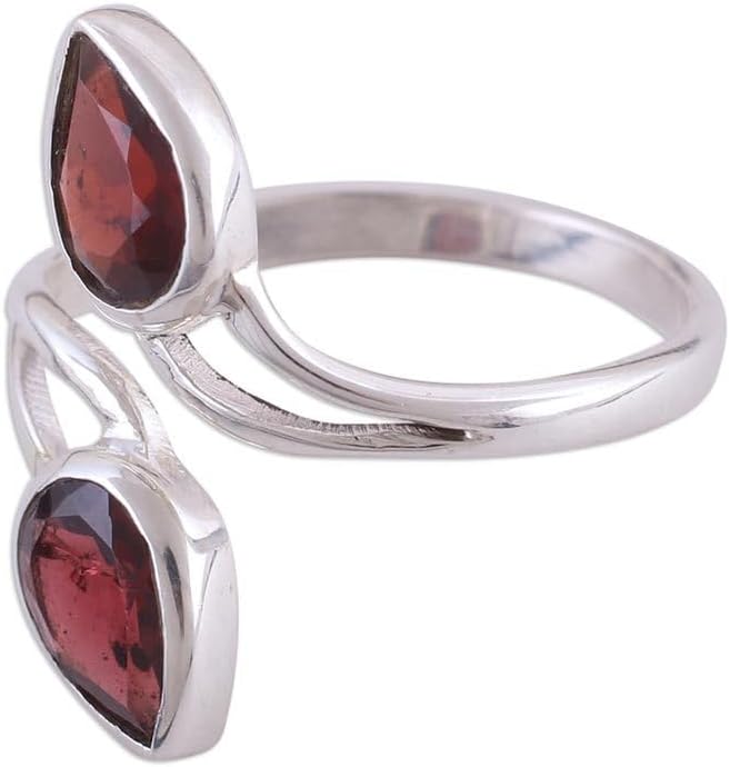 NOVICA Artisan Handmade Rhodium Plated Garnet Wrap Ring Silver from India Sterling Birthstone 'Red Teardrops'
