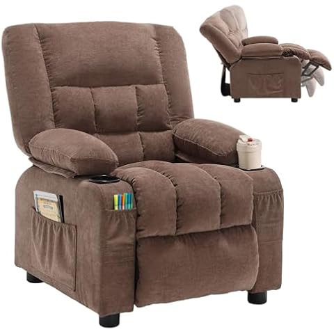 BOSMILLER Kids Recliner Chair， Push Back Toddler Recliner with Cup Holders & Side Pockets， Adjustable Footrest & Headrest Kids Sofa for Boys Girls 3+ Age Group (Light Brown) Cover