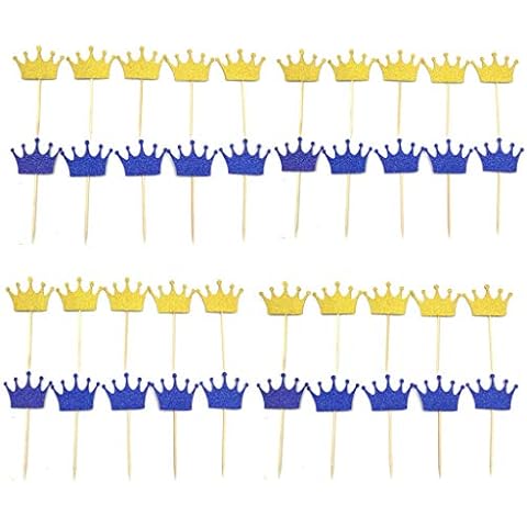 Royal Blue Prince Crown Glitter Gold Cupcake Toppers Picks for Wedding Birthday Baby Shower Boys' Party Decorations 40 PC Cover