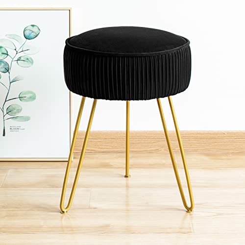 LUE BONA Pleated Vanity stool, Velvet Round Dressing Table Stool, Footrest Ottoman with Golden Steel Legs for Living Room, Bedroom, Black