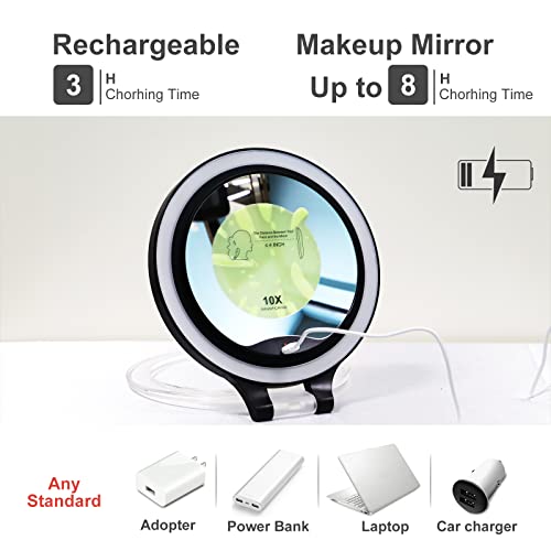 Oumusu 1X/10X Magnifying Makeup Mirror With Lights,1800 Mah Rechargeable Lighted Makeup Mirror,Portable Travel Mirror With Light,Tabletop Beauty Mirror With 3 Colors Light(Black) #TOP5