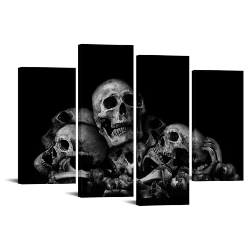 iKNOW FOTO Large 4-Panel 48x33 Black and White Skulls Canvas Wall Art - Abstract Halloween Day of Dead Skeleton Picture Print, Ready to Hang for Home Bedroom Decor