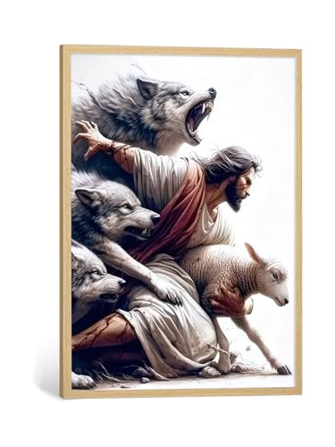 BIBLSPACE Jesus Wall Art Religious Wall Decor Christian Posters for Wall Pictures of Jesus Saves the Lost Lambs Canvas Wall Art for Living Room Bedroom Christian Wolf Art Unframed 12x16 Inch