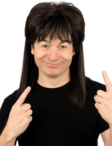 PUREHAIR Mens 80s Dark Brown Mullet Wig - 80s Rocker Costume Wigs for Men & Women Funny Halloween Costume Metal Rock Style Wig (Dark Brown)