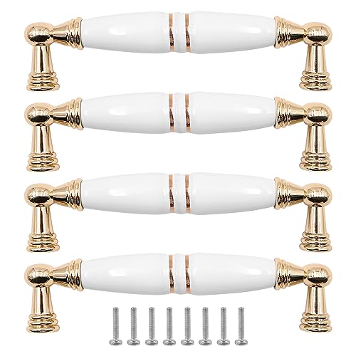 ZONADAH Set of 4 Cabinet Ceramics Handles, Hole Distance 128mm, White Ceramics Cabinet Pull Handles