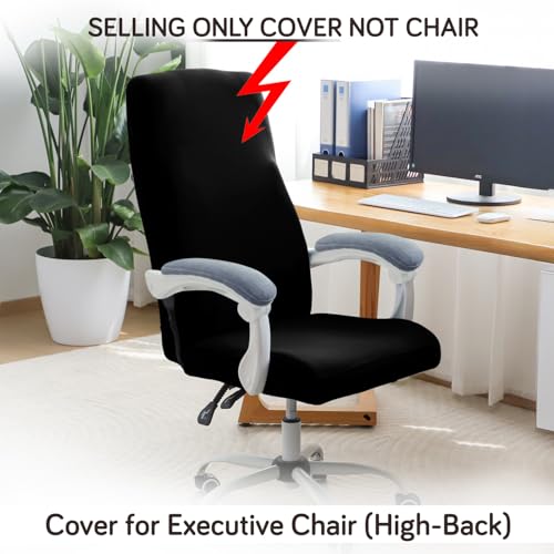 Image of HOKIPO Office Chair Cover for Executive Chair (High-Back) - 140 GSM Stretchable Fabric - Anti-Slip & Washable - Fits Tall & Big Office Chairs, Jet Black (AR-6204-BLK)