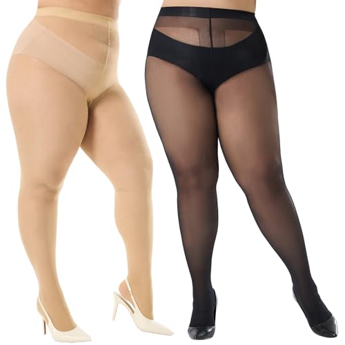 Image of WiliW 2 Pairs Plus Size Tights for Women, 40D Sheer to Waist Sheer Pantyhose