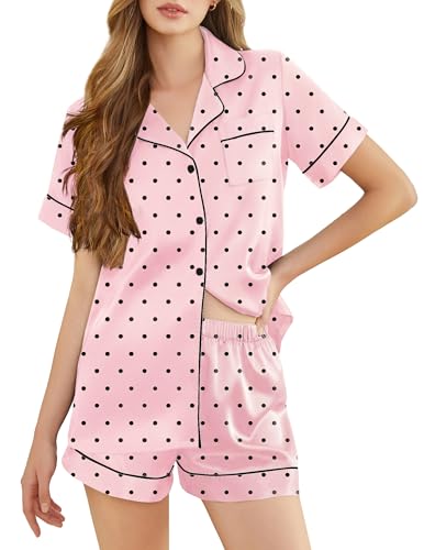 Image of Silk Pajamas for Women Short Sleeve Sleepwear Soft Button Down Loungewear 2 Piece Satin Pjs Shorts Set S-XXL