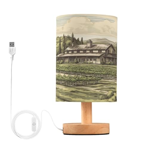 SDMKA Vineyard Drawing Bedside Table Lamp for Bedroom, Minimalist Nightstand Lamp with Round Fabric Shade for Living Room, Office, No Bulb Required