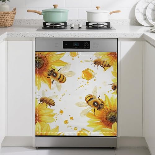 Image of Bees Flying Dishwasher Magnets Decorative Cover,Sunflowers Magnet Fridge Panel Decal for Home Kitchen Decor,23x26 in