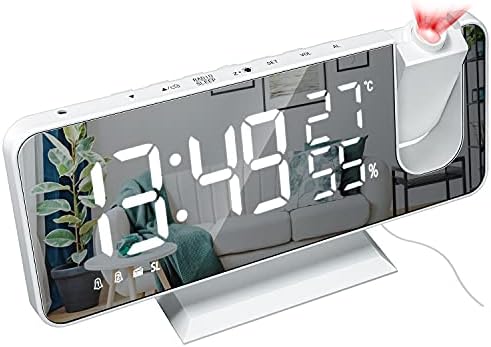 Number-One Projection Digital Alarm Clock for Bedrooms, FM Radio Alarm Clock, 7.5'' Dual Alarms with Snooze, USB Charging Port, Temperature & Humidity Display, 180° Rotable, 4 Dimmer, 12/24 Hours…
