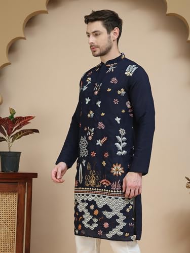 Image of Jompers Floral Embroidered and Sequins Kurtas (Navy Blue, XXL)