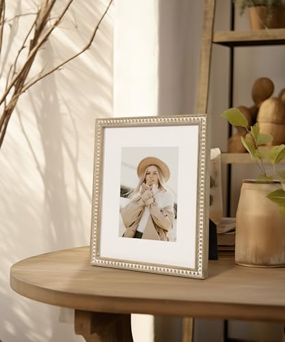 Sumgar 8X10 Picture Frame Boho 5X7 Photo Frame With Mat Farmhouse White Wood Shabby Chic Wall Mounted Display For Birthday Wedding Friend Gifts With Distressed Decorative Pine Beads thumb #5