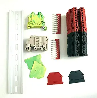 Dinkle UL Listed DIN Rail Terminal Block Kit #1 Red/Black Dinkle 20 DK2.5N 12 AWG Gauge 20A 600V Ground DK2.5N-PE Jumper DSS2.5N-10P End Covers End Brackets