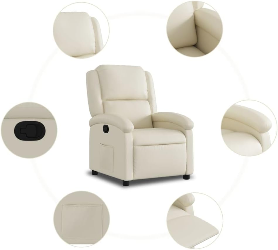 vidaXL Cream Faux Leather Recliner Chair - Wingback Reclining Armchair for Elderly with Manual Function, Padded Seat, and Side Pocket