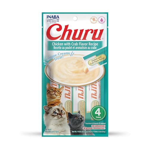 Image of INABA Churu Cat Treats, Grain-Free, Lickable, Squeezable Creamy Puree Cat Treat /Topper with Vitamin E & Taurine, 0.5 Ounces Each Tube, 4 Tubes, Chicken with Crab Recipe