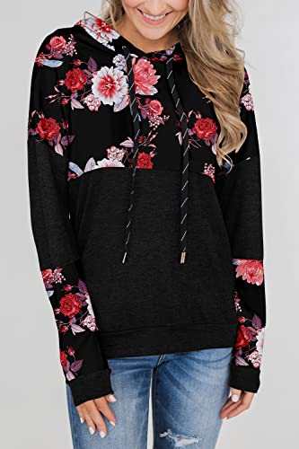 Crazy Grid Floral Print Hoodie Sweatshirt For Women Casual Color Block Pullover Hooded Fashion Loose Fit Drawstring Hoodie Shirt Night Rose S #TOP1