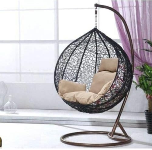 Image of Single Seater Swing Chair with Stand and Cushion Hammock Swing for Adult Outdoor Indoor Garden Living Room Balcony Hanging Chair (Brown Khaki)