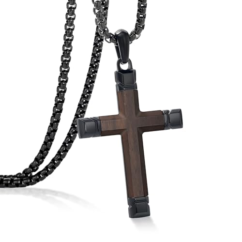 Image of Wooden Cross Necklace for Men with Stainless Steel Adjustable Chain 24-26in, Christian Wood Crucifix Pendant Gift for Him