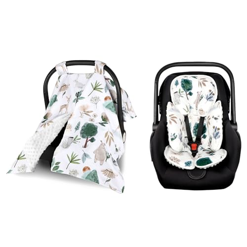 Image of CARUILI Infant Car Seat Insert & Winter Car Seat Covers for Babies, Minky Baby Carseat Head Support, Baby Car Seat Cover, Warm & Soft, Woodland Animals