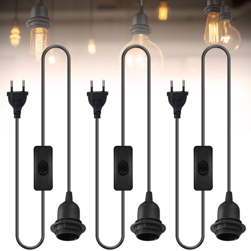 Lot de 3 prises E27 avec câble et interrupteur, culot E27 avec câble de 1,8 m, anneau à vis, base de lampe avec prise pour suspension de lampe, chambre à coucher, salle à manger