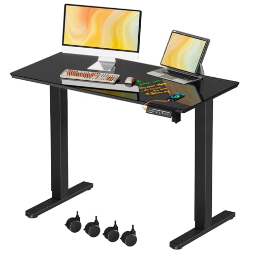 Image of JOY worker Small Electric Standing Desk, 40 inch x 20 inch Whole Glass Piece Height Adjustable Desk with Memory Controller, Sit to Stand Desk Workstation for Home Office, Black