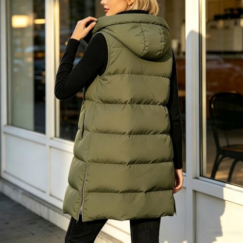 XOGWVJ Quilted Vest Long Puffer Vest Women Hooded Sleeveless Winter Vests Coat Full Zip Warm Longline Jacket with Pockets Casual Outerwear Army Green S - image 4