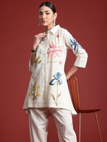 Image of INDO ERA Women's Off White Pure Cotton Printed A-Line Kurta & Pant Set (KS0OW10119 XX-Large)