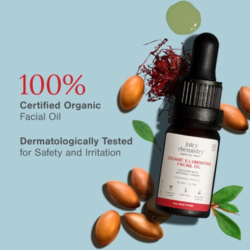 Image of Juicy Chemistry Organic Illuminating Facial Oil with Saffron + Argan, 10 ml | Boosts Skin Glow | Promotes Healthier Barrier | Brightens & Evens Out Skin Tone | Non-sticky & Lightweight | Dermatologically Tested